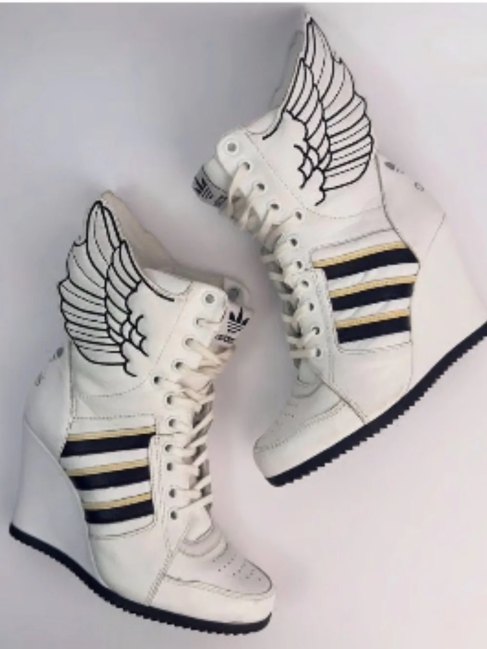 Jeremy Scott White Wedge Sneakers with Black and Gold Stripes and Wing Detail 10